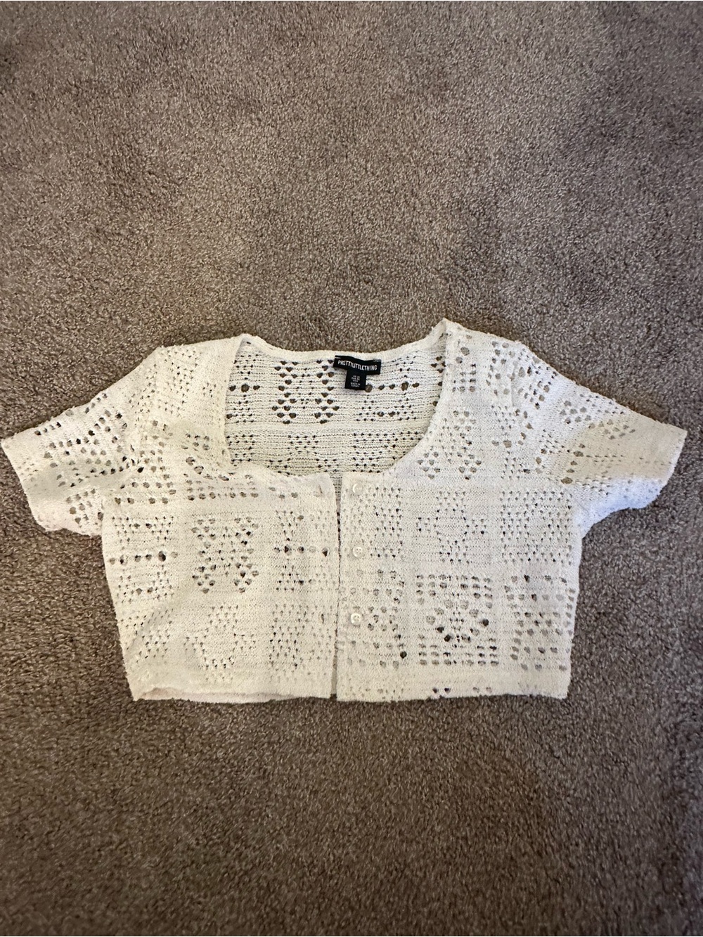 PrettyLittleThing Cream Cropped Open-Knit Button Cardigan